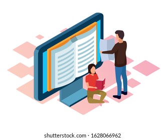 computer and man and woman reading over white background, isometric and colorful design, vector illustration