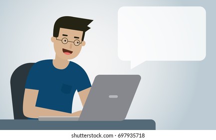 Computer man working in office room, illustration business concept.