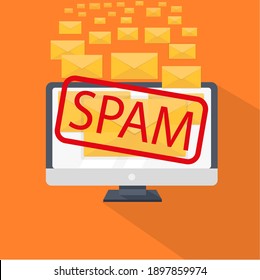 computer and many yellow envelopes, and a red inscription spam in the center on an orange background. the concept of a virus attack. stock vector illustration