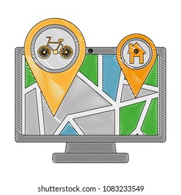 computer with map gps navigation bike route and home pointers