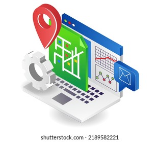 Computer map location analysis in flat isometric illustration