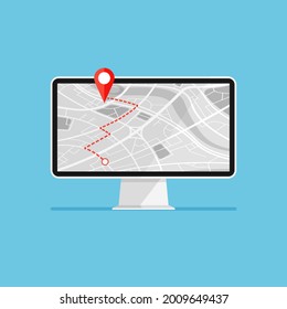 Computer with map navigation on a screen. GPS navigator with red pinpoint. City map with point markers on a monitor display. Vector illustration. Front view.