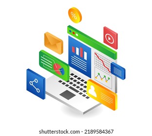 Computer marketing business data analysis in flat isometric illustration