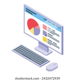Vector isométrico de icono digital de marketing por ordenador. Búsqueda de plataforma. Documento de datos