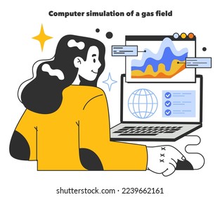 Computer and mathematical simulation for gas fields development. Natural resource exploration and extraction industry. Fossil fuel and eco-friendly energy concept. Flat vector illustration