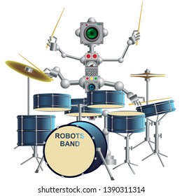 The computer mechanism plays a musical instrument. Robots and art, higher computer development. Vector illustration.
