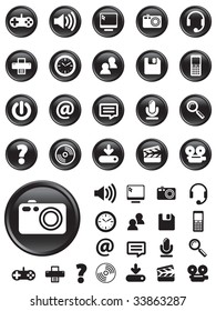 Computer Media icons on Black buttons with NO TRANSPARENCIES, totally editable shapes.  Pictures in both white and black, perfect for navigating a website or mobile platform.