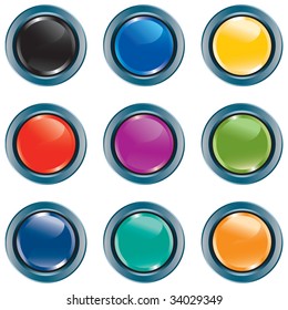 Computer Media icons on brightly colored buttons with NO TRANSPARENCIES, totally editable shapes.  Perfect for navigating a website or mobile platform.