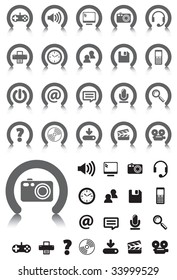 Computer Media icons on red buttons with NO TRANSPARENCIES, totally editable shapes.  Pictures in both black and gray, perfect for navigating a website or mobile platform.