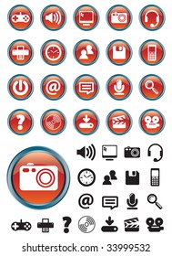 Computer Media icons on red buttons with NO TRANSPARENCIES, totally editable shapes.  Pictures in both white and black, perfect for navigating a website or mobile platform.