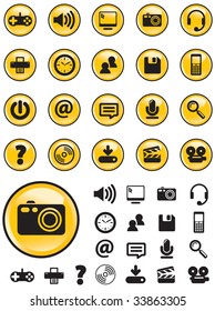 Computer Media icons on yellow buttons with NO TRANSPARENCIES, totally editable shapes, perfect for navigating a website or mobile platform.