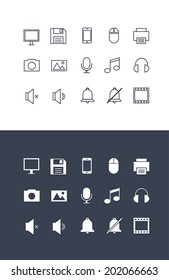 Computer and media Icons set for toolbar in flat and line style