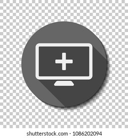 computer and medical cross, medical site. simple icon. White flat icon with long shadow in circle on transparent background. Badge or sticker style