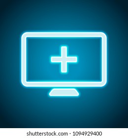 computer and medical cross, medical site. simple icon. Neon style. Light decoration icon. Bright electric symbol