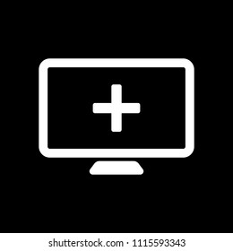 computer and medical cross, medical site. simple icon. White icon on black background. Inversion