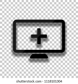 computer and medical cross, medical site. simple icon. Black glass icon with soft shadow on transparent background