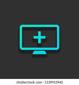 computer and medical cross, medical site. simple icon. Colorful logo concept with soft shadow on dark background. Icon color of azure ocean