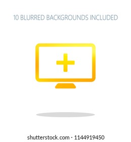 computer and medical cross, medical site. simple icon. Colorful logo concept with simple shadow on white. 10 different blurred backgrounds included