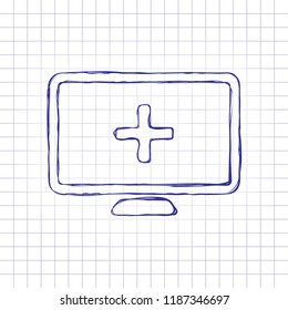 computer and medical cross, medical site. simple icon. Hand drawn picture on paper sheet. Blue ink, outline sketch style. Doodle on checkered background