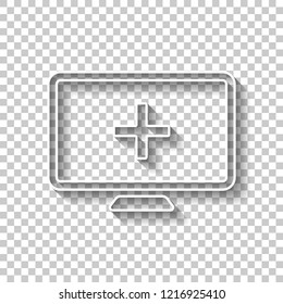 computer and medical cross, medical site. simple icon. White outline sign with shadow on transparent background
