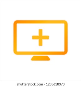 computer and medical cross, medical site. simple icon. Orange sign with low light on white background