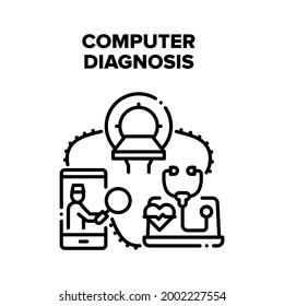 Computer Medical Diagnosis Vector Icon Concept. Computer Medical Diagnosis, Doctor Communicate With Patient, Examining And Treatment. Mri Hospital Equipment For Checking Health Black Illustration