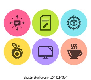 Computer, Medical food and Parcel tracking icons simple set. Edit document, Sms and Coffee signs. Pc component, Apple. Flat computer icon. Circle button. Vector