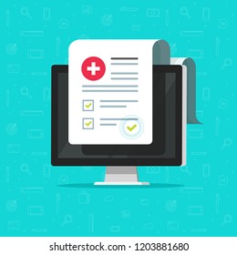 Computer And Medical Form List With Results Data And Approved Check Mark Vector, Flat Electronic Clinical Checklist Document With Checkbox, Online Insurance Or Medicine Service, Digital Prescription