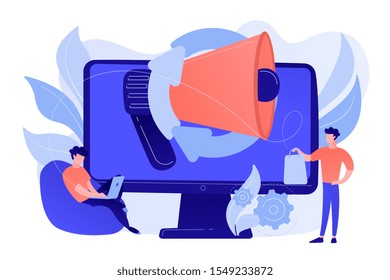 Computer with megaphone and businessman with laptop and shopping bag. Digital marketing, e-commerce, social media marketing concept. Pinkish coral bluevector isolated illustration