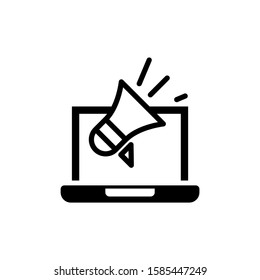 Computer and megaphone icon in black flat design on white background, digital marketing icon e-commerce icon vector.
