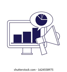 computer and megaphone icon over white background, flat design, vector illustration