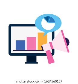 computer and megaphone icon over white background, colorful design, vector illustration