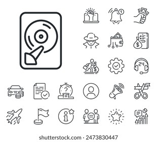 Computer memory component sign. Salaryman, gender equality and alert bell outline icons. Hdd line icon. Data storage symbol. Hdd line sign. Spy or profile placeholder icon. Vector