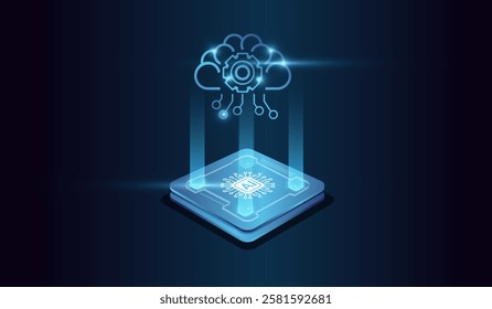 The Computer microchip, and Binary code in digital brain form compose. and Artifical intelligence technology concept on Brightly glowing AI chip with light circuit board.