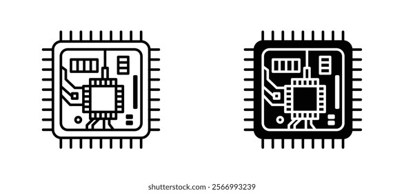 Computer microchip icons in outline and fill. vector illustration for ui.