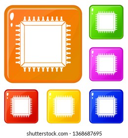 Computer microchip icons set collection vector 6 color isolated on white background