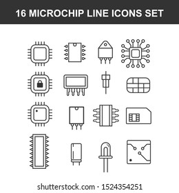 Computer Microchip Line Icons Set. Linear Style Symbols Collection Outline Signs Pack. Vector Graphics. Set Includes Icons As Transistor Chip