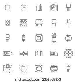 Juego de iconos de la línea de microchip de computadora. paquete de signos de esquema de colección de símbolos de estilo lineal. gráficos vectoriales. El conjunto incluye iconos como chip Transistor, Microcircuito, Procesador de ordenador, Circuito integrado, led