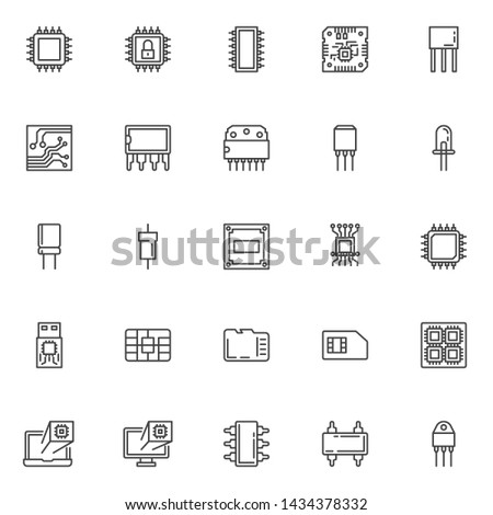 Computer microchip line icons set. linear style symbols collection outline signs pack. vector graphics. Set includes icons as Transistor chip, Microcircuit, Computer processor, Integrated circuit, led