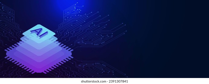 Computer microchip processor with futuristic circuit board on dark blue background. Database, quantum computer and large data processing concept. Vector illustration.