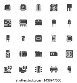 Computer microchip vector icons set, modern solid symbol collection, filled style pictogram pack. Signs, logo illustration. Set includes icons as Transistor chip, Microcircuit, Computer processor