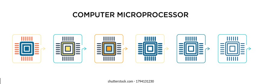 Computer microprocessor vector icon in 6 different modern styles. Black, two colored computer microprocessor icons designed in filled, outline, line and stroke style. Vector illustration can be used 