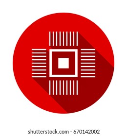 Computer microprocessor vector icon isolated on red background with long shadow. flat icon