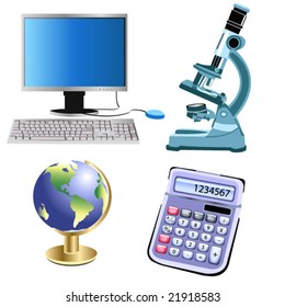 computer, microscope, globe and calculator
