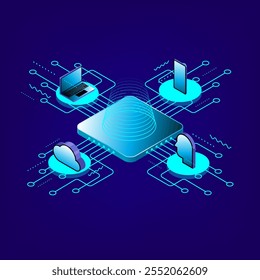 Computer microship sharing data with electronic device. Smartphone and laptop connect. Cloud server technology. Digital brain communication isometric vector