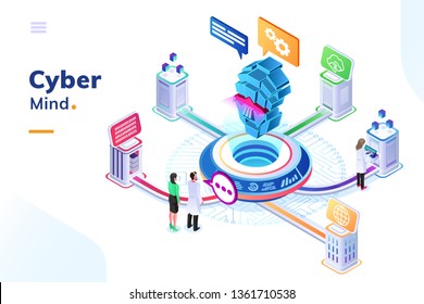 Computer mind or artificial intelligence brain at isometric office with people. AI connected to digital cloud doing calculation and analytic. Big data center or datacenter server. Future technology