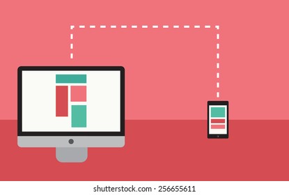 Computer and mobile device connected in a flat design style