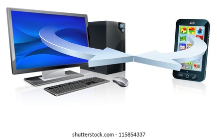 Computer and mobile phone connecting or synchronising via wireless technology concept