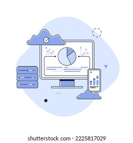 Computadora, teléfono móvil con tablero en pantalla y rack de servidores. Concepto de tecnología de computación en nube, almacenamiento de archivos en línea, base de datos o archivo. Ilustración vectorial lineal moderna para banner, afiche.