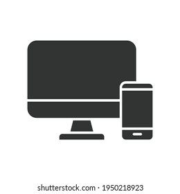 Computer and mobile phone glyph icon. Simple solid style. Desktop, device, monitor, display, smartphone, responsive concept. Vector illustration isolated on white background. Editable stroke EPS 10.